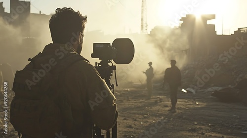 War Correspondent Filming a Scene of Destruction