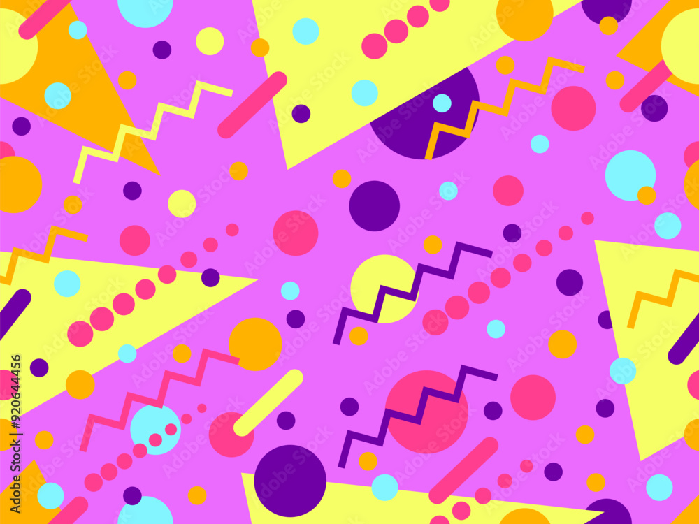 Geometric seamless pattern with memphis elements in 80s style. Colorful geometric pattern. Design of promotional products, wrapping paper and printing. Vector illustration Geometric seamless pattern with memphis elements in 80s style. Colorful geometric pattern. Design of promotional products, wrapping paper and printing. Vector illustration
