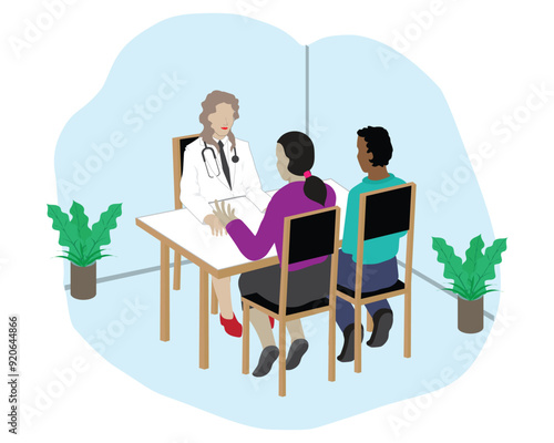 vector design of two men and women who are husband and wife communicating or consulting with a female doctor in a room with a table and two potted plants