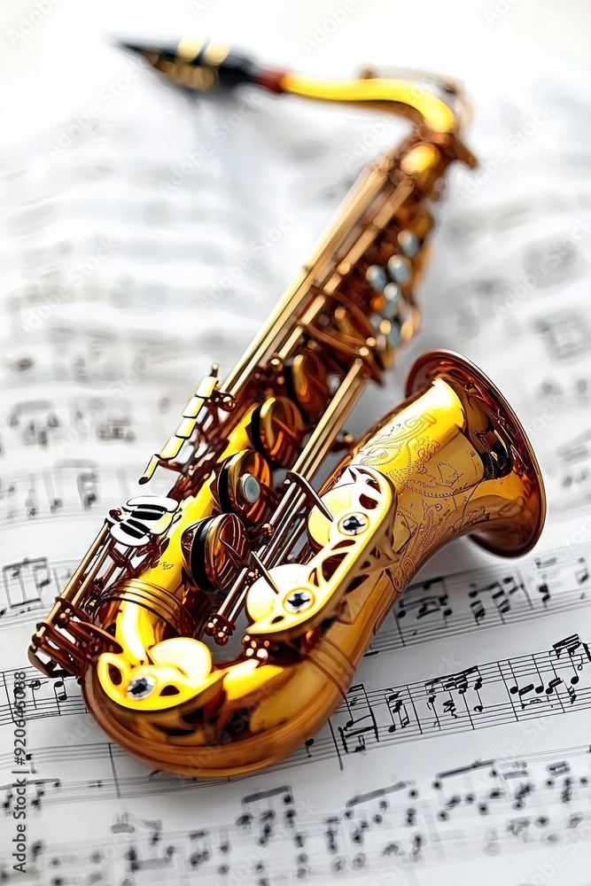 Fototapeta premium Golden Saxophone on Sheet Music