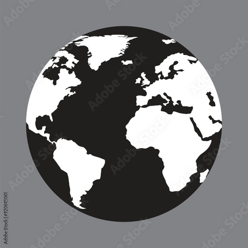 Flat vector image of the Earth, rounded shape, white continent, black oceans, minimalist style.