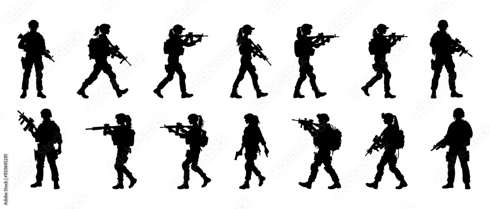 Walking female soldier with gun silhouette black filled vector Illustration icon Walking female soldier with gun silhouette black filled vector Illustration icon