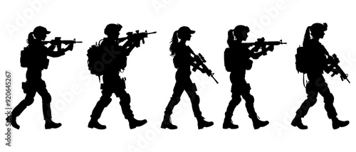Walking female soldier in action silhouette black filled vector Illustration icon