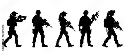 Walking female soldier in action silhouette black filled vector Illustration icon