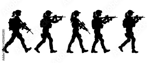 Walking female soldier in action silhouette black filled vector Illustration icon