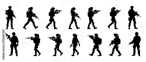 Walking female soldier with gun silhouette black filled vector Illustration icon
