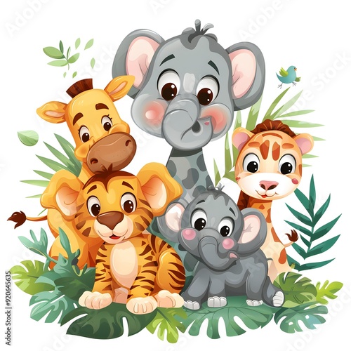 Forest Animal Collection with Tiger, Lion, Elephant, Mouse, Deer, Black Bear, Giraffe, and Squirrel, Diverse Wildlife in Natural Habitat, Playful Illustration of Animals Coexisting in a Lush Green Env