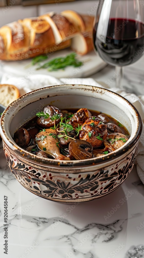 Coq au vin - French dish of chicken, baconm mushrooms and vegetables braised with red wine. AI generated illustration Coq au vin - French dish of chicken, baconm mushrooms and vegetables braised with red wine. AI generated illustration