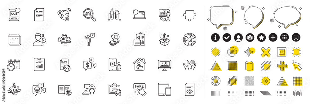 Fototapeta premium Set of Calendar time, Document and Build line icons for web app. Design elements, Social media icons. Teamwork, Ranking, Report icons. Money currency, Certificate, Air fan signs. Vector