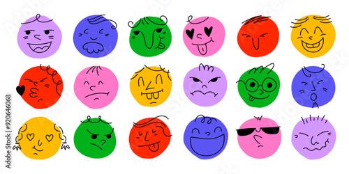 Round abstract comic Faces with various Emotions. Crayon drawing style. Different colorful characters. Cartoon style. Flat design. Hand drawn trendy Vector illustration. Every face is isolated