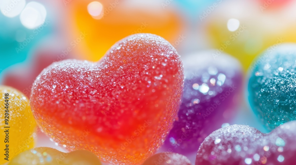 Close-Up of Colorful Gummy Heart-Shaped Candies with Sparkling Sugar Crystals Close-Up of Colorful Gummy Heart-Shaped Candies with Sparkling Sugar Crystals