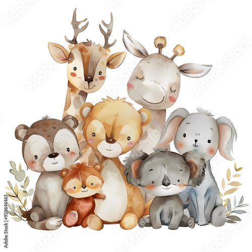 Forest Animal Collection with Tiger, Lion, Elephant, Mouse, Deer, Black Bear, Giraffe, and Squirrel, Diverse Wildlife in Natural Habitat, Playful Illustration of Animals Coexisting in a Lush Green Env photo