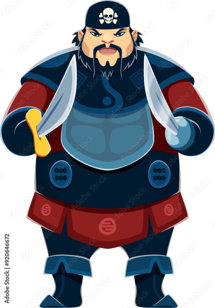 Cartoon Asian pirate or corsair character with swords, vector sea sailor personage. Asian pirate, oriental corsair or filibuster man in bandana with skull, seaman in armor with saber sword hand Cartoon Asian pirate or corsair character with swords, vector sea sailor personage. Asian pirate, oriental corsair or filibuster man in bandana with skull, seaman in armor with saber sword hand