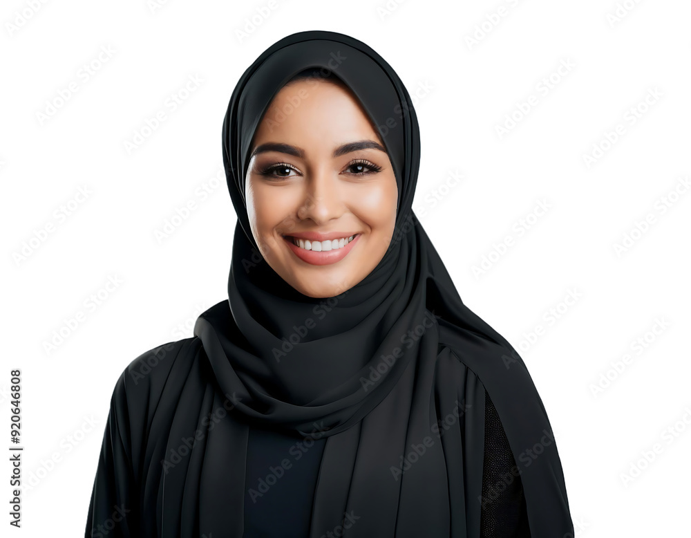 Portrait of a Smiling Arab Middle Eastern Woman in a Black Hijab, Isolated on a Transparent Background, Highlighting Cultural Beauty and Joyful Expression Portrait of a Smiling Arab Middle Eastern Woman in a Black Hijab, Isolated on a Transparent Background, Highlighting Cultural Beauty and Joyful Expression