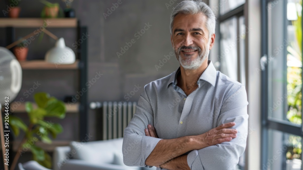 Smiling handsome businessman with crossed arms in modern office, middle-aged gray-haired man exuding confidence, business success concept. Smiling handsome businessman with crossed arms in modern office, middle-aged gray-haired man exuding confidence, business success concept.