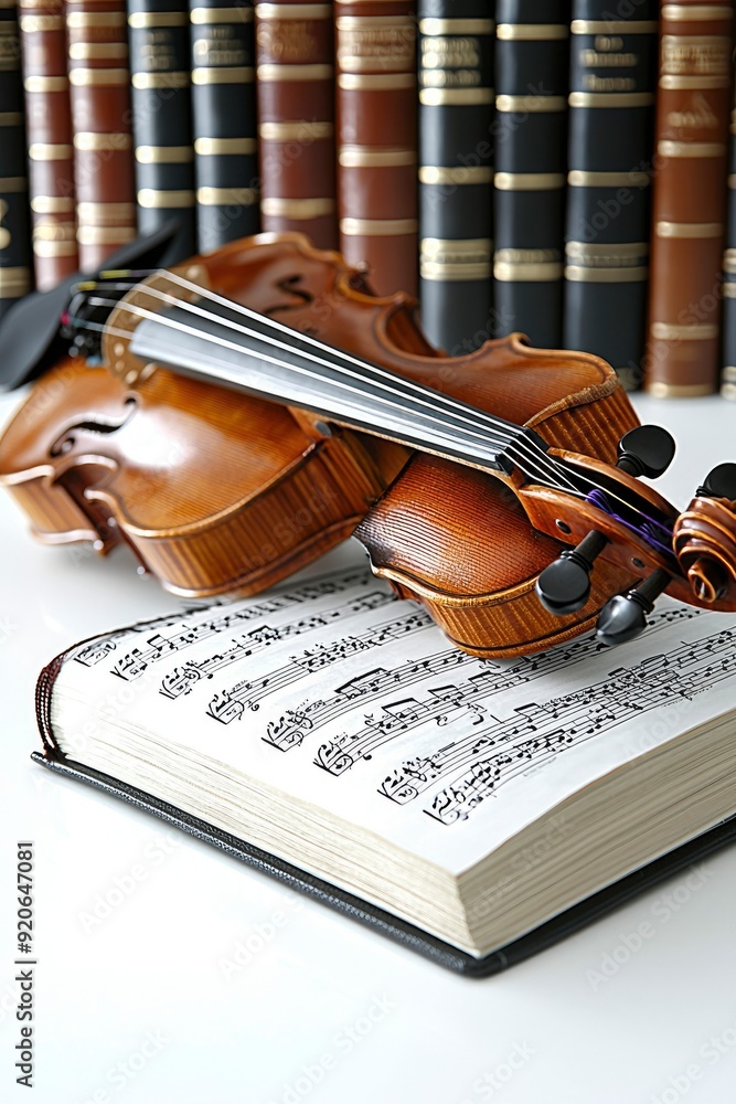 Fototapeta premium Violin resting on sheet music with a bookshelf in the background