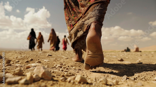 woman's foot stepping in desert during arduous migration journey.