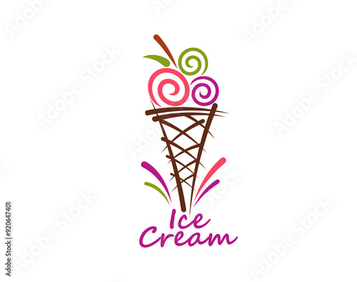 Color scoop gelato dessert or ice cream in wafer cone for gelateria, vector icon. Three sundae ball scoops of fruit ice cream in waffle cone, Italian gelato cafe emblem or icecream booth sign