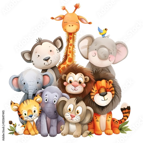 Forest Animal Collection with Tiger, Lion, Elephant, Mouse, Deer, Black Bear, Giraffe, and Squirrel, Diverse Wildlife in Natural Habitat, Playful Illustration of Animals Coexisting in a Lush Green Env photo