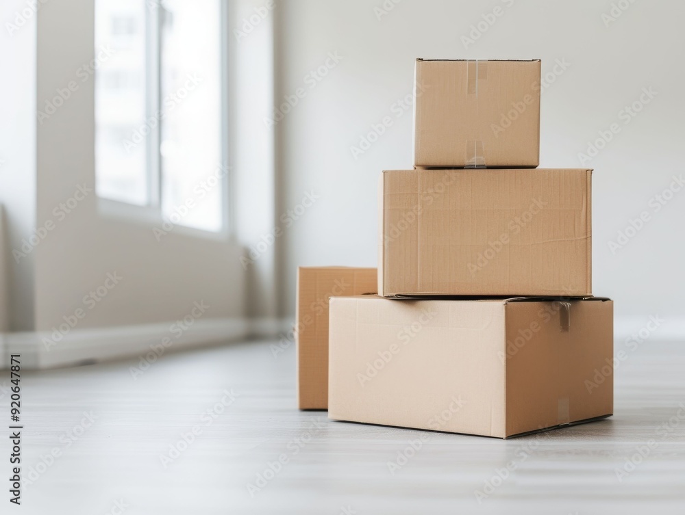 Stacked cardboard boxes in a bright room represent organization and storage solutions for moving or shipping. Stacked cardboard boxes in a bright room represent organization and storage solutions for moving or shipping.