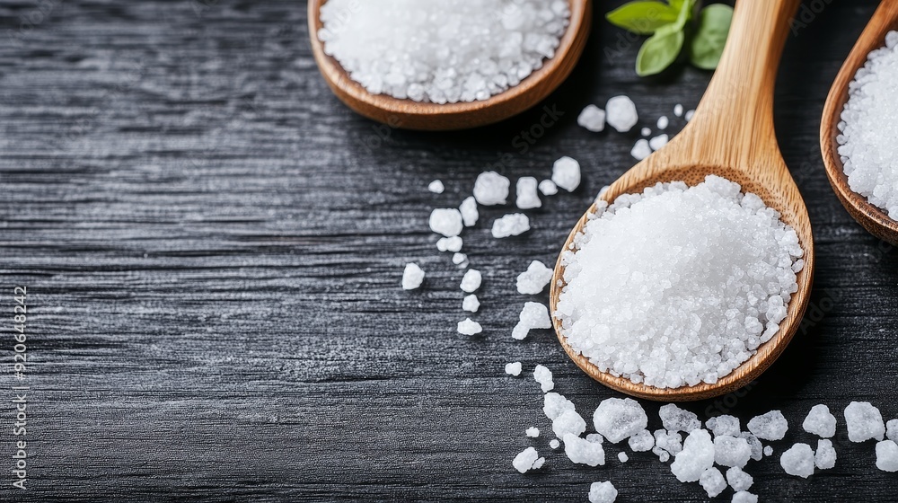 Three wooden spoons filled with salt on a dark wooden surface, featuring coarse and fine grains, ideal for culinary use. Three wooden spoons filled with salt on a dark wooden surface, featuring coarse and fine grains, ideal for culinary use.