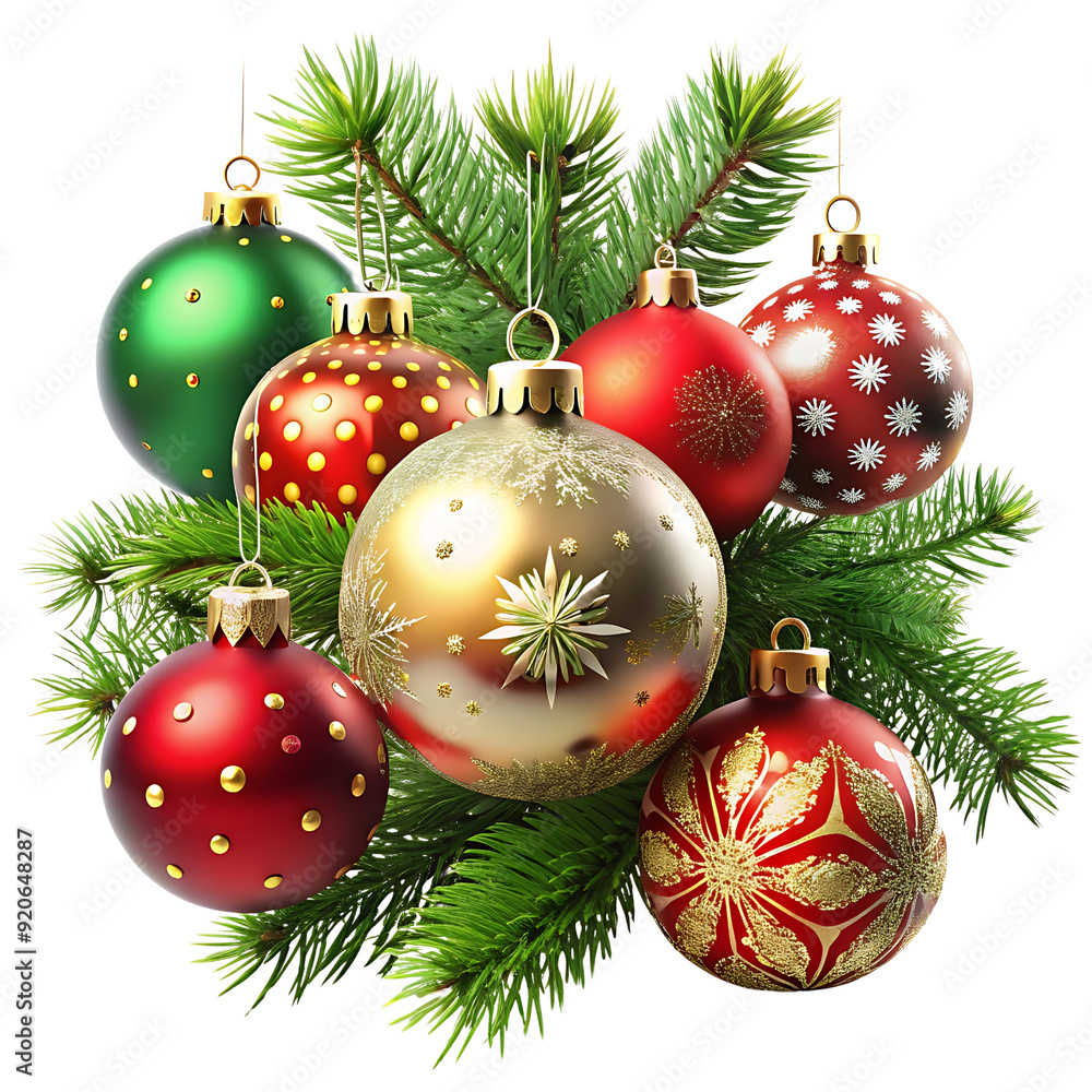 Stylish Baubles with Green Leaves on Transparent Background Stylish Baubles with Green Leaves on Transparent Background