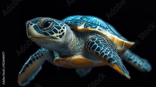 Mystic portrait of Eastern Box Turtle, full body view, isolated on black background