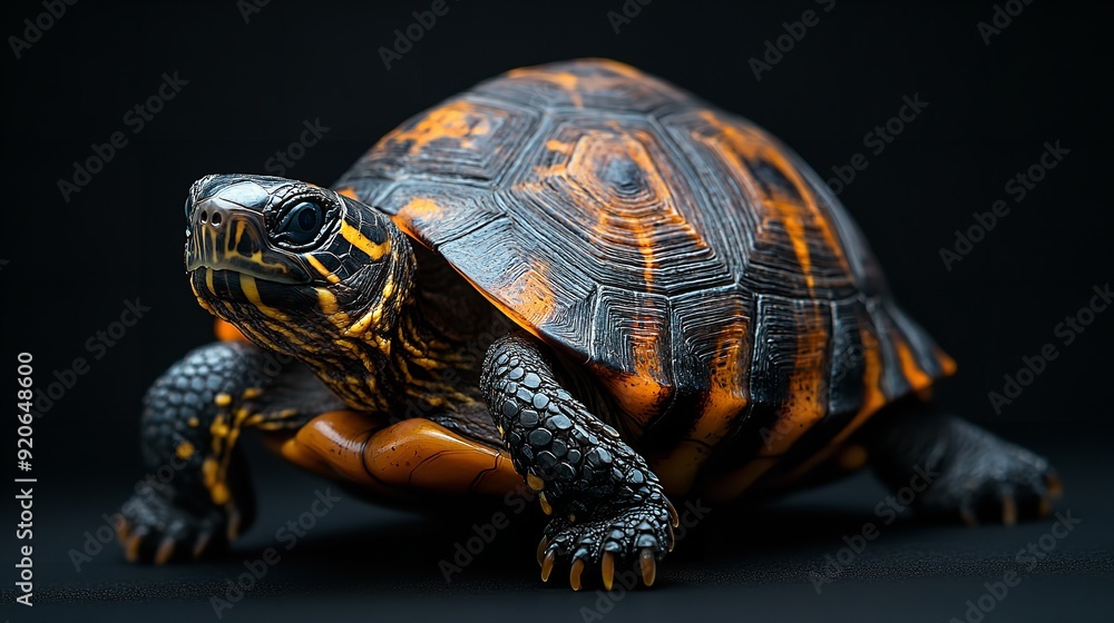 Mystic portrait of Eastern Box Turtle, full body view, isolated on black background Mystic portrait of Eastern Box Turtle, full body view, isolated on black background
