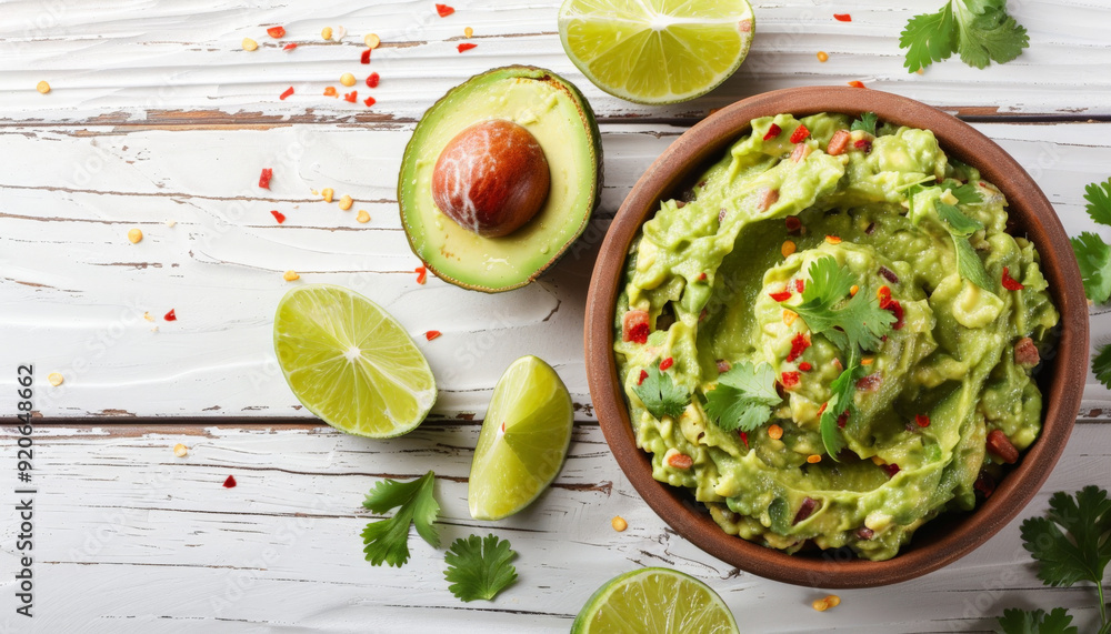 Fresh Guacamole with Lime on White Table, Isolated Fresh Guacamole with Lime on White Table, Isolated