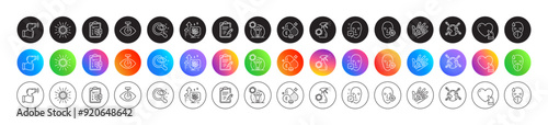 Face accepted, World vaccination and Vitamin e line icons. Round icon gradient buttons. Pack of Eye laser, Volunteer, Electronic thermometer icon. Vector