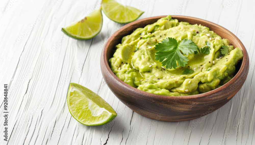Fresh Guacamole with Lime on White Table, Isolated Fresh Guacamole with Lime on White Table, Isolated