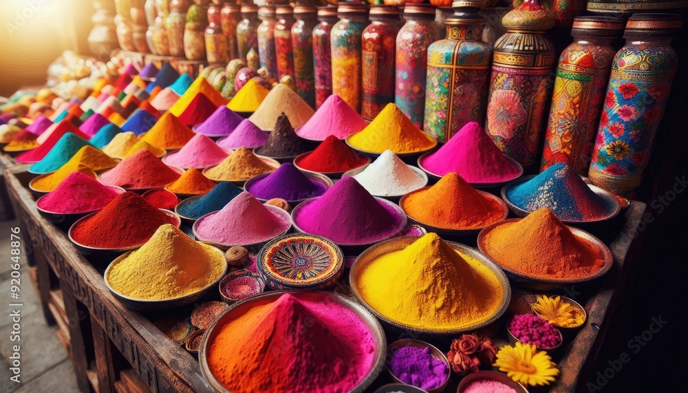 Obraz premium A beautiful image of Colorful tika powders on orchha market in holi festival. Stock photography