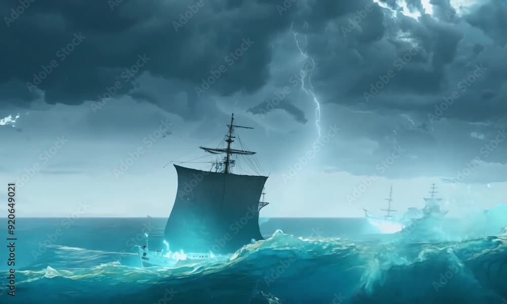 A stormy sky over a wavy sea or ocean, with dark, swirling clouds and flashes of lightning A stormy sky over a wavy sea or ocean, with dark, swirling clouds and flashes of lightning
