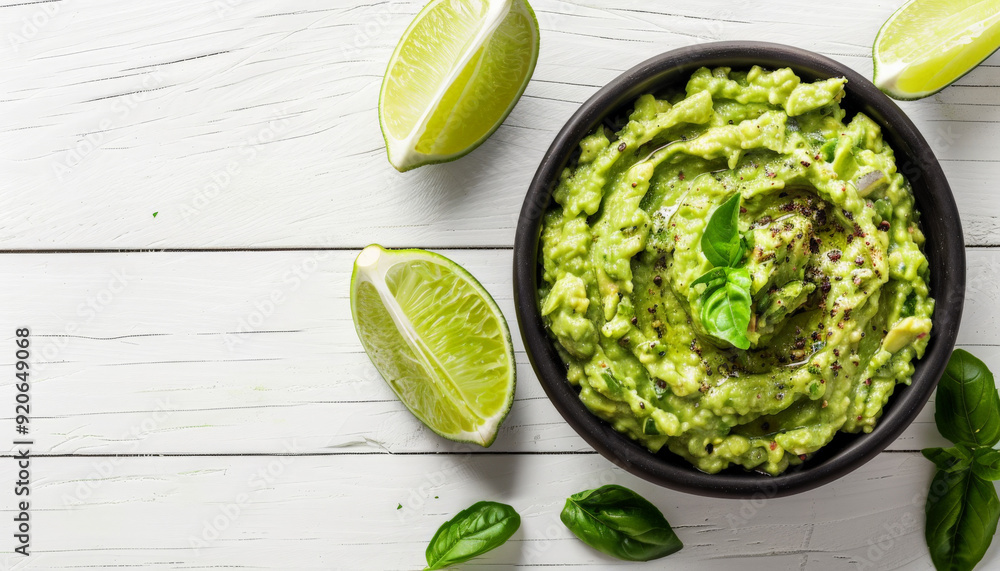 Obraz premium Bowl of Guacamole with Lime on White Wooden Table