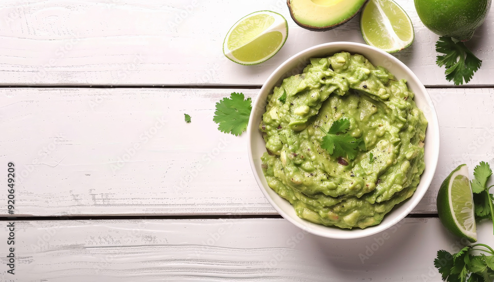 Bowl of Guacamole with Lime on White Wooden Table Bowl of Guacamole with Lime on White Wooden Table
