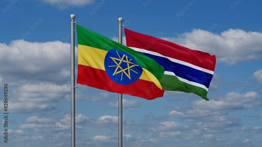 Gambia and Ethiopia flags flying together, video concept of the relationship, two country relations concept Gambia and Ethiopia flags flying together, video concept of the relationship, two country relations concept
