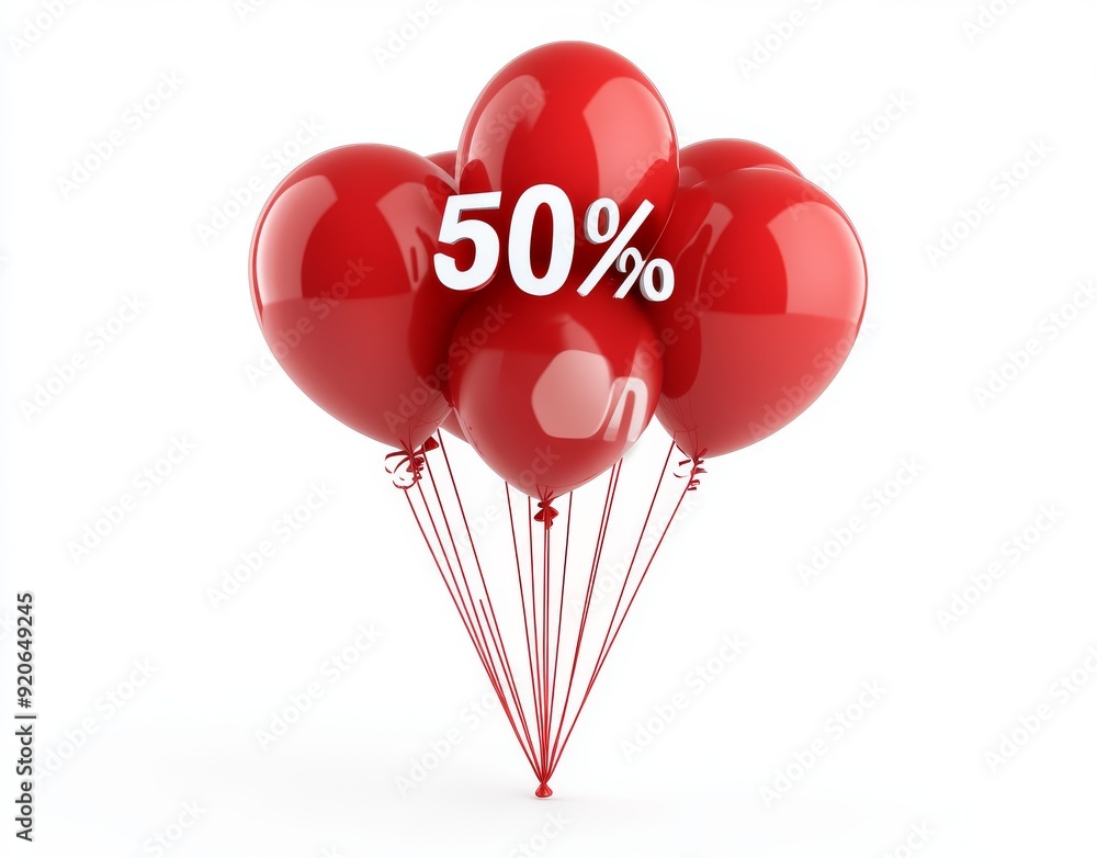 Red balloons with 50% off text for discount and sale promotions Red balloons with 50% off text for discount and sale promotions