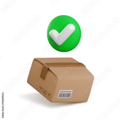Vector cartoon 3d approved parcel delivery concept. Cute realistic cardboard box package with green checkmark symbol, 3d successful order received icon, shipping quality control, safe logistics.