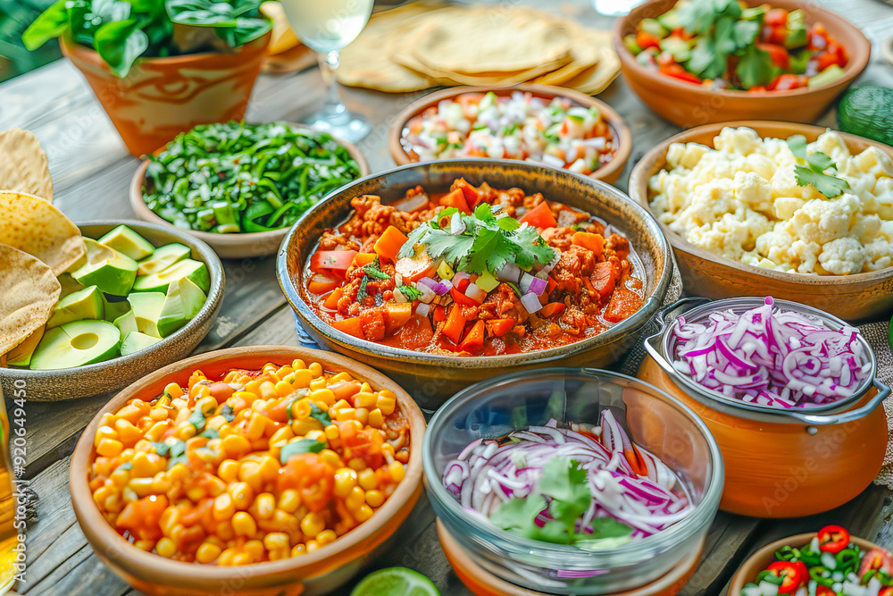Mexican food buffet with spicy beef, beans, rice, and tortillas for a party Mexican food buffet with spicy beef, beans, rice, and tortillas for a party