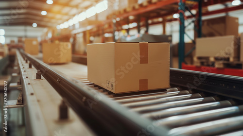 Conveyor Belt with Cardboard Boxes in a Warehouse..