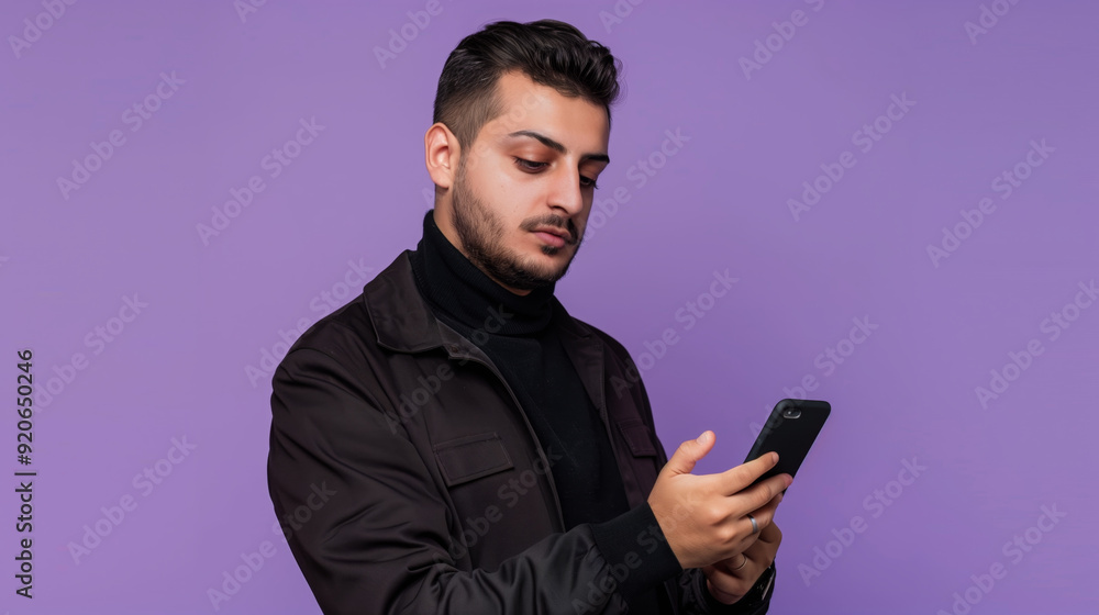 Man in Black Jacket using Smartphone on Purple Background.. Man in Black Jacket using Smartphone on Purple Background..