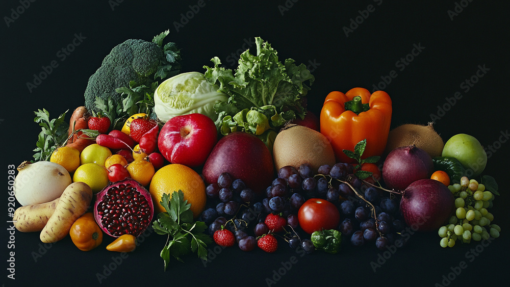 Detailed and Colorful Healthy Foods Isolated on Black Detailed and Colorful Healthy Foods Isolated on Black