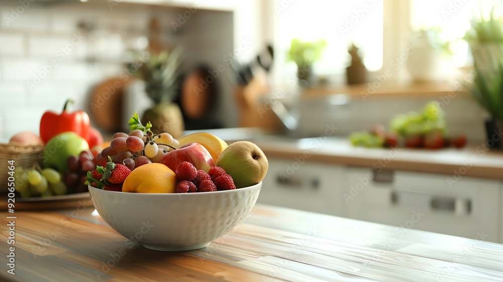 A bowl of fresh fruit, including grapes, strawberries, raspberries, an apple, a pear, and an orange, on a kitchen counter. A bowl of fresh fruit, including grapes, strawberries, raspberries, an apple, a pear, and an orange, on a kitchen counter.