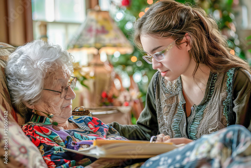 Home health aide assisting senior woman with daily tasks in living room photo