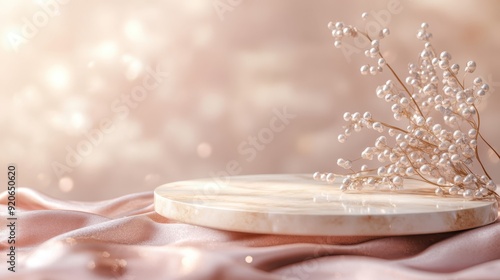 Blank granite podium on pink silk and pearl blur background using for product presentation. photo