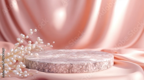 Empty clean marble podium on pink gold silk and pearl tree for commercial products display. photo