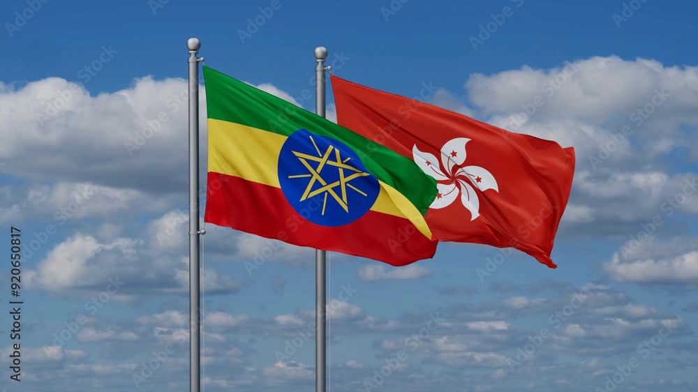 Hong Kong and Ethiopia flags flying together, video concept of the relationship, two country relations concept Hong Kong and Ethiopia flags flying together, video concept of the relationship, two country relations concept