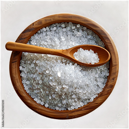 salt in wooden bowl and spoon, isolated on transparent or white background, png. salt at wooden bowl
