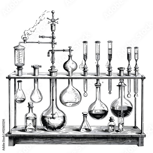 Vintage chemistry lab setup with glassware and apparatus, black and white illustration.
