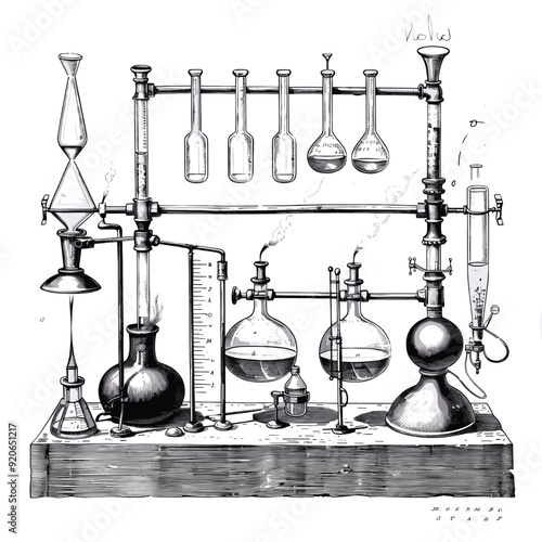Wallpaper Mural Vintage chemistry lab setup with glassware and apparatus, black and white illustration.
 Torontodigital.ca